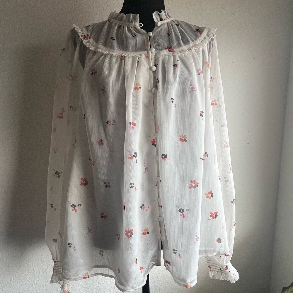 Ann Taylor Floral Sheer Blouse - White with Pink and Orange